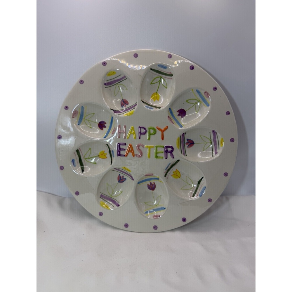 Happy Easter Egg White Ceramic Plate Holds 9 Eggs Vintage 10"